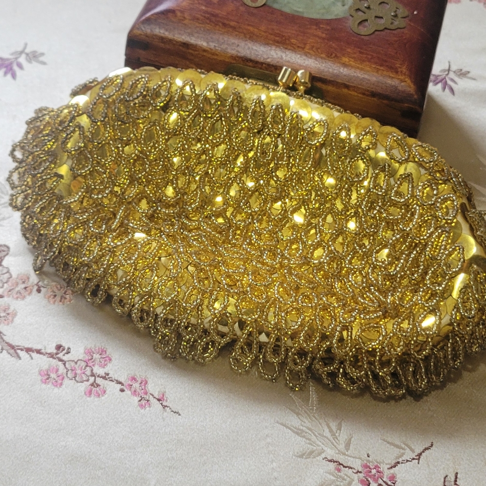 Vintage 30-40s  Gold Sequins & Beaded Clutch Hong Kong
